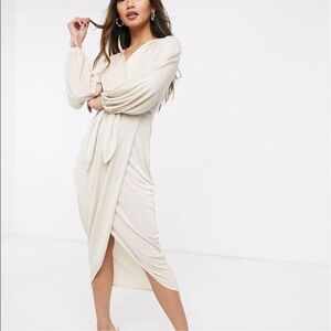 ASOS Closet London women’s ivory stone color faux wrap fancy midi dress size 10